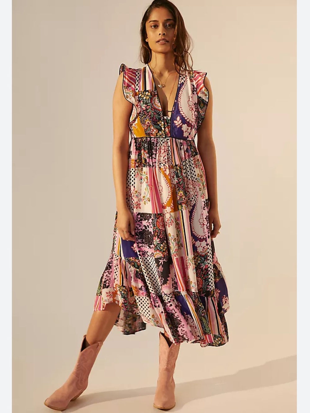 Anthropologie Ruffled Patchwork Midi Dress Size 4